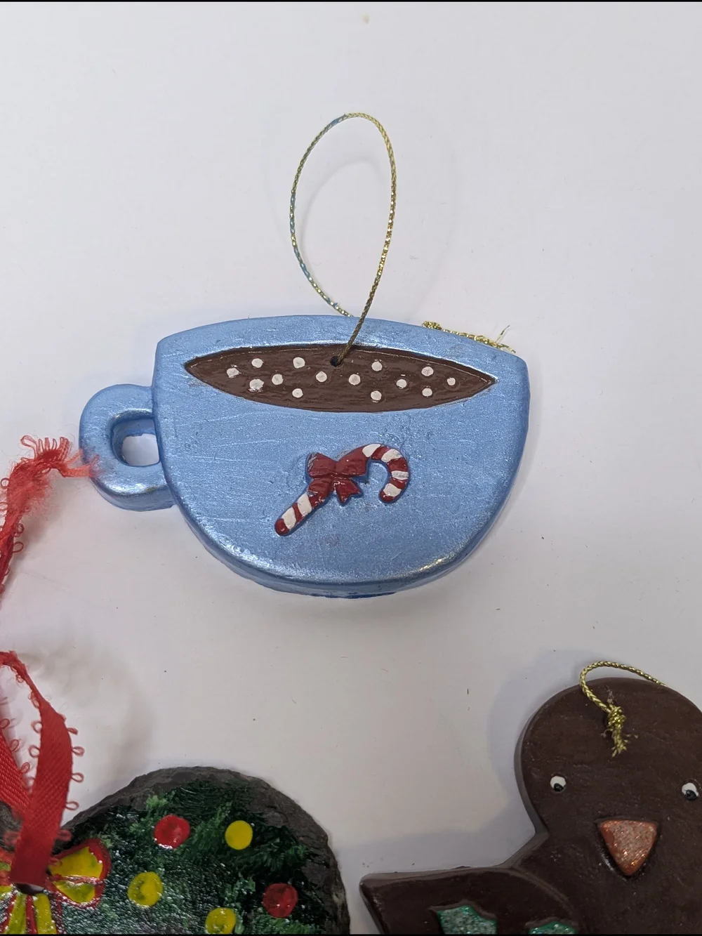 Hand Crafted teal blue brown Christmas Ornament Set